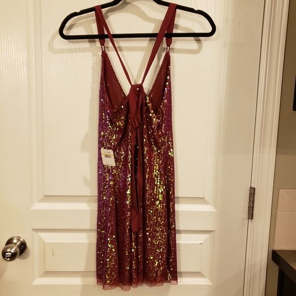 Free People Gold Rush Sequin Mini Dress Wine - Picture 6 of 6
